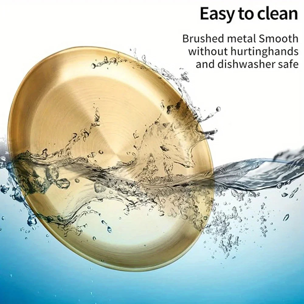 6Pcs Golden Stainless Steel Round Plate Set – Rust-Proof Shallow Trays for BBQ, Picnic & Kitchen Use (6 Sizes: 14cm–30cm)