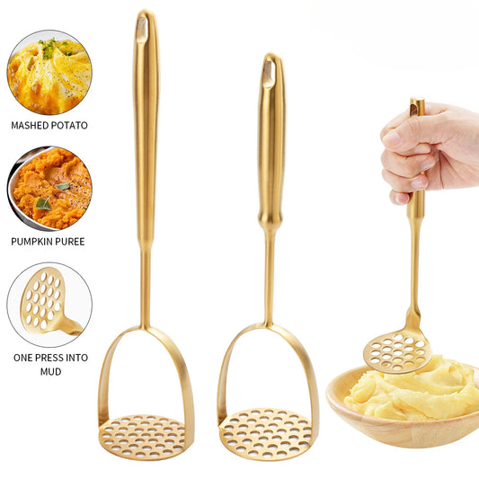 Golden Stainless Steel Potato Masher – Manual Food Crusher for Potatoes, Pumpkin & Baby Food, Garlic, & More (Available in Small, Medium & Large)