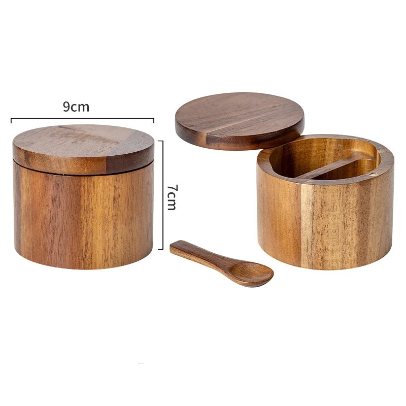 Acacia Wood Salt Box with Swivel Lid & Spoon – Salt & Pepper Cellar Seasoning Container – Great for Keeping Salt & Spices by the Hob
