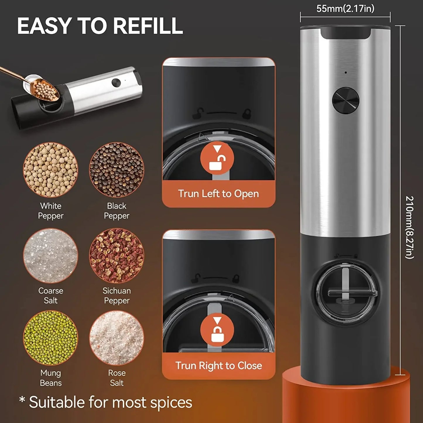 Rechargeable Electric Salt & Pepper Grinder Set β Stainless Steel or ABS Automatic Spice Mills with USB Rechargeable or Charging Base Options β Adjustable Coarseness for Salt, Pepper & Seasonings