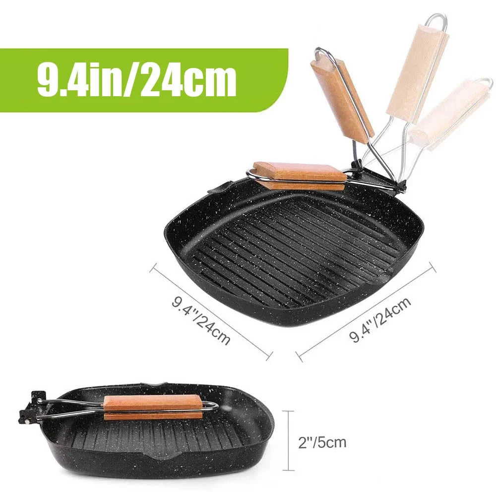 Grill Pan with Foldable Wooden Handle – Non-Stick Pan Perfect for Grilling Steak, Meat, Fish & Vegetables – Available in 20cm, 24cm, 28cm