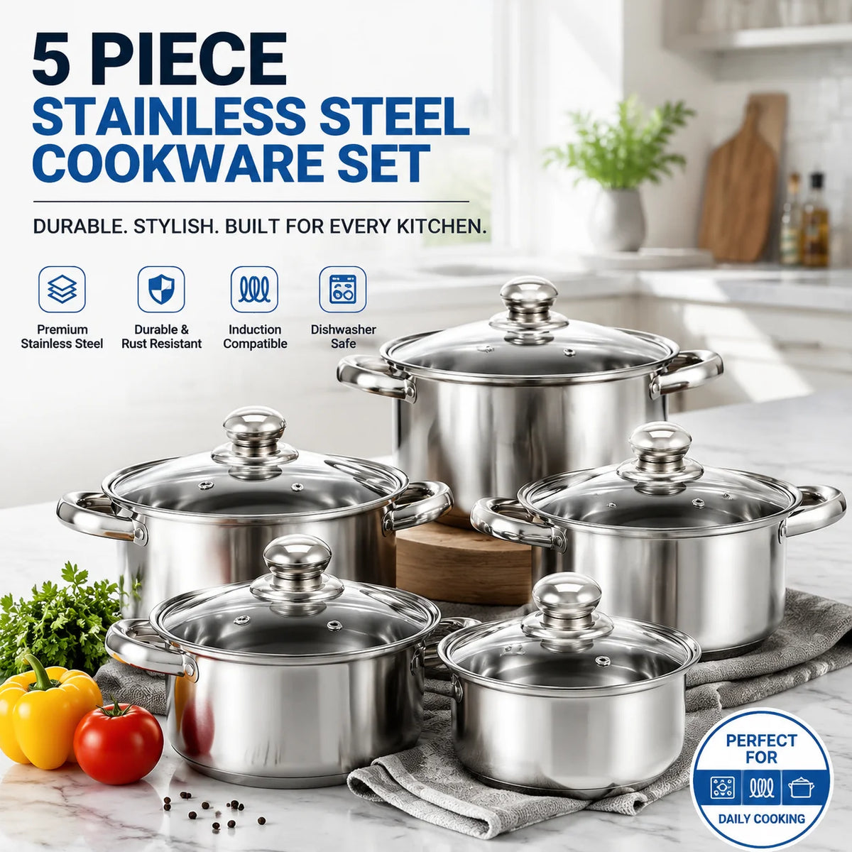 5 Piece Stainless Steel Saucepan & Stock Pot Set with Glass Lids – Induction Pots & Pans – Perfect for Soups, Sauces & Home Cooking