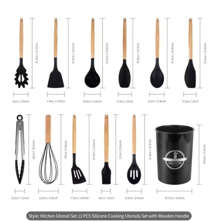 12-Piece Silicone Cooking Utensils Set with Wooden Handles