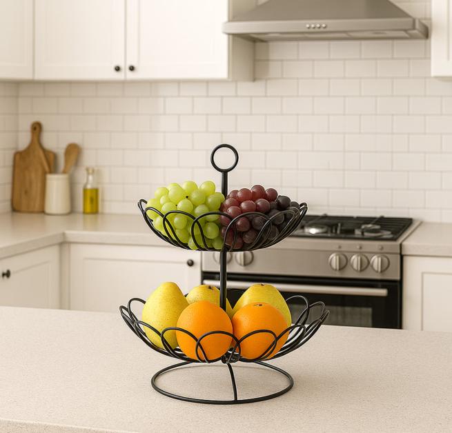 2-Tier Black Metal Fruit Basket with Vintage Swirl Design