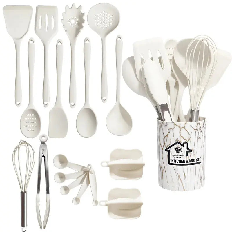 18-Piece Silicone Kitchen Utensils Set – Heat-Resistant Spatulas, Spoons, Turners, Brush, Whisk & More – Safe for Non-Stick Cookware & Daily Cooking – Available in Black, White & Pink White