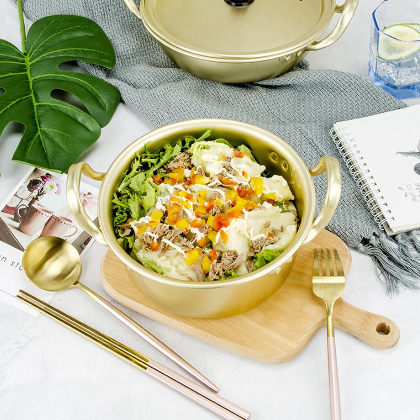 Golden Aluminum Soup & Noodle Pot with Lid – Ideal for Ramen, Broth, and Everyday Cooking (Available in 18cm, 20cm, 22cm)