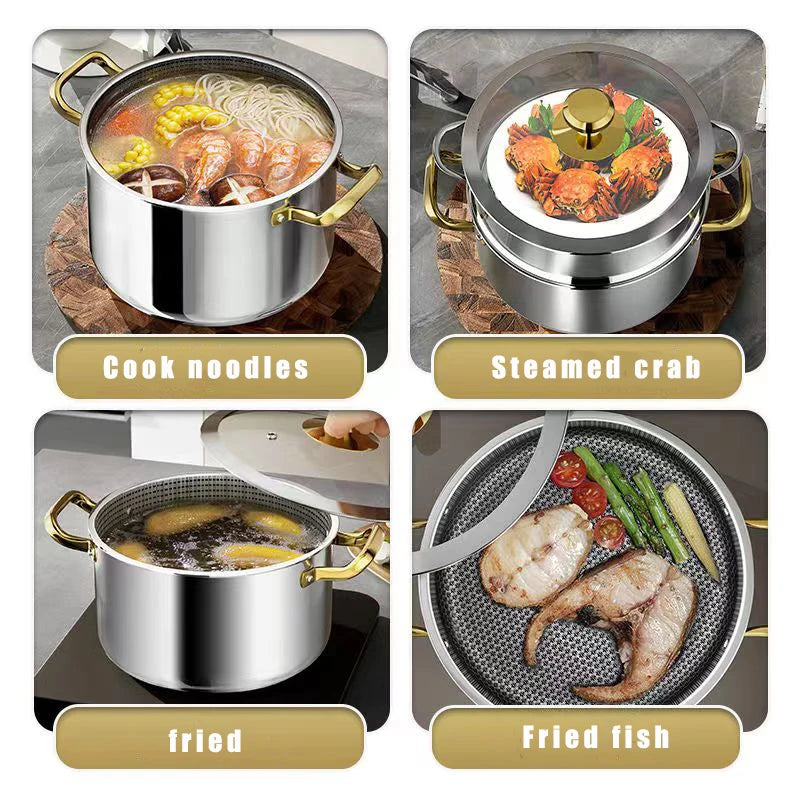 Honeycomb Stainless Steel Non-Stick Soup Pot with Glass Lid – Multi-Purpose Pot for Frying, Stewing, Searing, Stir-Fry, Soup, Stock & Daily Cooking – Compatible with All Stovetops – Available in 20cm, 22cm, 24cm