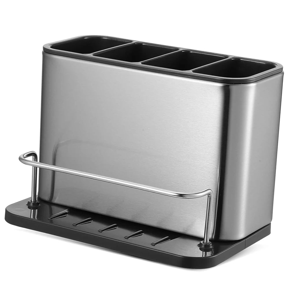 Stainless Steel Cutlery Caddy with 4 Compartments – Utensil Drying Rack & Flatware Holder – Great for Kitchen Worktops & Dining Tables