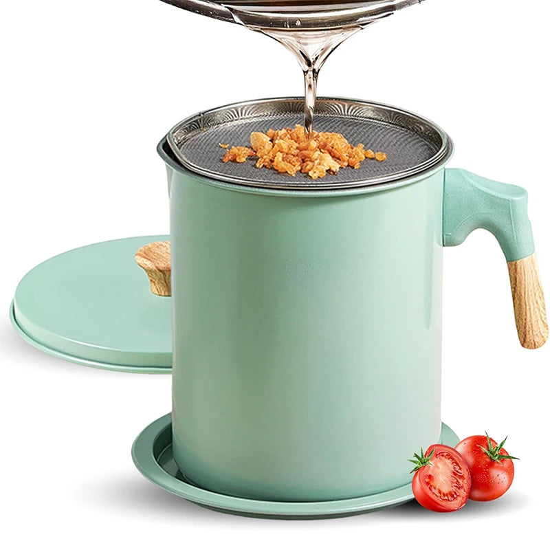 1.4L Stainless Steel Cooking Oil Storage Pot with Strainer – Oil Filter Container & Grease Keeper – Great for Reusing Frying Oil – Available in Pink, Green & Light Green Colours Light Green