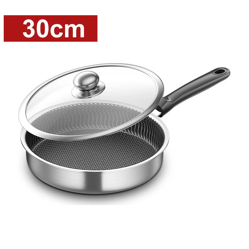 Honeycomb Stainless Steel Frying Pan with Glass Lid – Multi-Functional Non-Stick Skillet for Searing, Stir-Frying, Eggs, Pancakes, Sauces & Daily Cooking – Works on All Stovetops – Available in 26cm, 28cm & 30cm