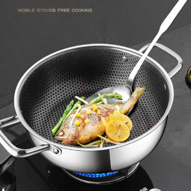 Honeycomb Stainless Steel Frying Pan & Soup Pot with Lid – 410 Non-Stick Multi-Purpose Pot for Frying, Stewing, Searing & Stir-Fry, Soup, Stock & Daily Cooking – Works on All Stovetops – Available in 28cm (with/without