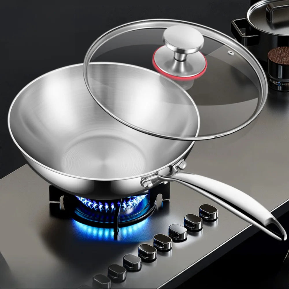 Stainless Steel Wok with Glass Lid & Long Handle- Durable Chef’s Cooking Wok Pan for Stir-Frying, Searing, Sautéing, Tossing Noodles, Frying Eggs, Omelettes & One-Pan Dishes – Compatible with Induction & Gas Stoves –(22cm)