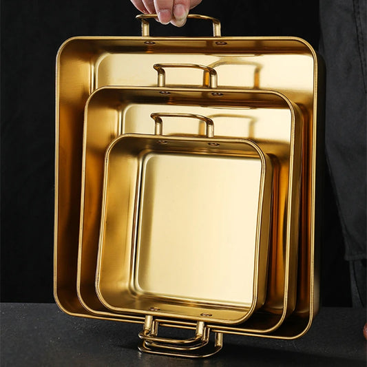 Golden Stainless Steel Square Tray with Handles – Durable Deep Base, Ideal for Baking, Grilling, Frying & More (Available in 16cm, 21cm, 26cm