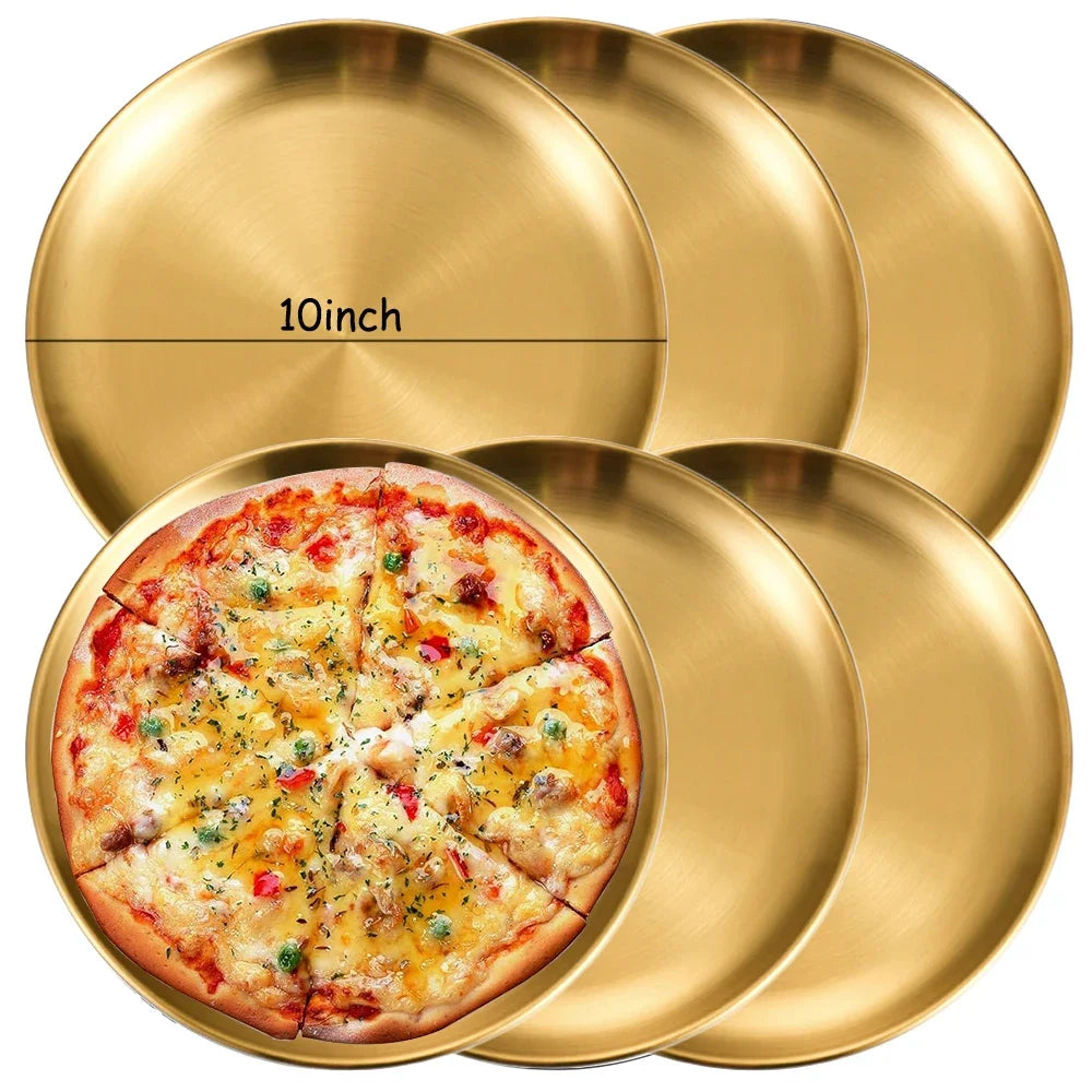 6Pcs Golden Stainless Steel Round Plate Set – Rust-Proof Shallow Trays for BBQ, Picnic & Kitchen Use (6 Sizes: 14cm–30cm)