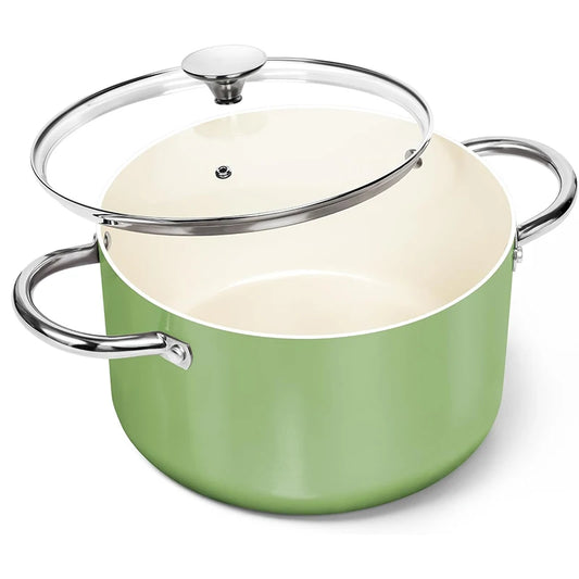 Non-Stick Ceramic Stock Pot with Glass Lid – 6-Quart Cooking Pot Induction-Compatible – Ideal for Soups, Stews, Curries, Simmering, Sautéing & One-Pot Meals – Available in Green, Blue & White