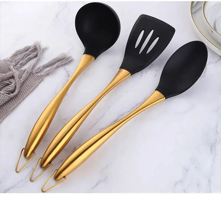 7-Piece Silicone Utensil Set with Golden Stainless Steel Handles - Cooking Utensil Set