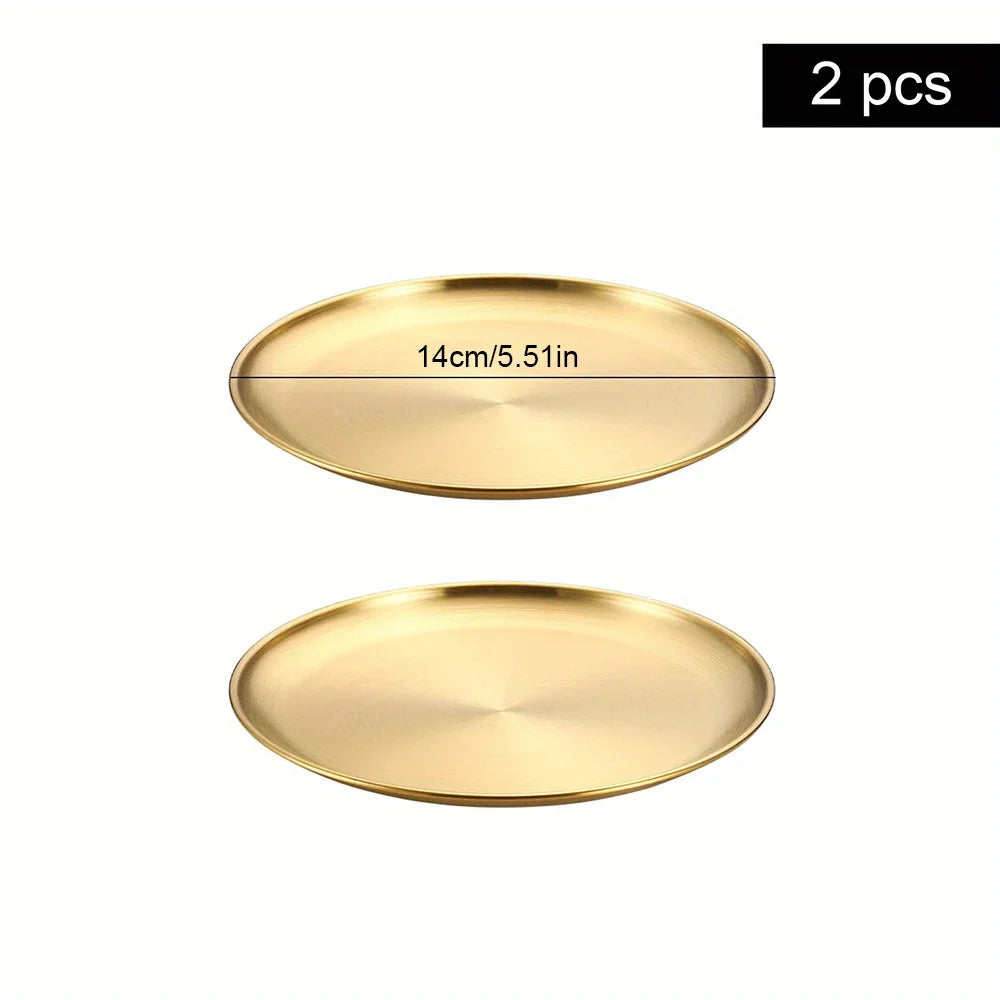 2Pcs Golden Stainless Steel Round Plate Set – Rust-Proof Shallow Trays for BBQ, Picnic & Kitchen Use (6 Sizes: 14cm–30cm)
