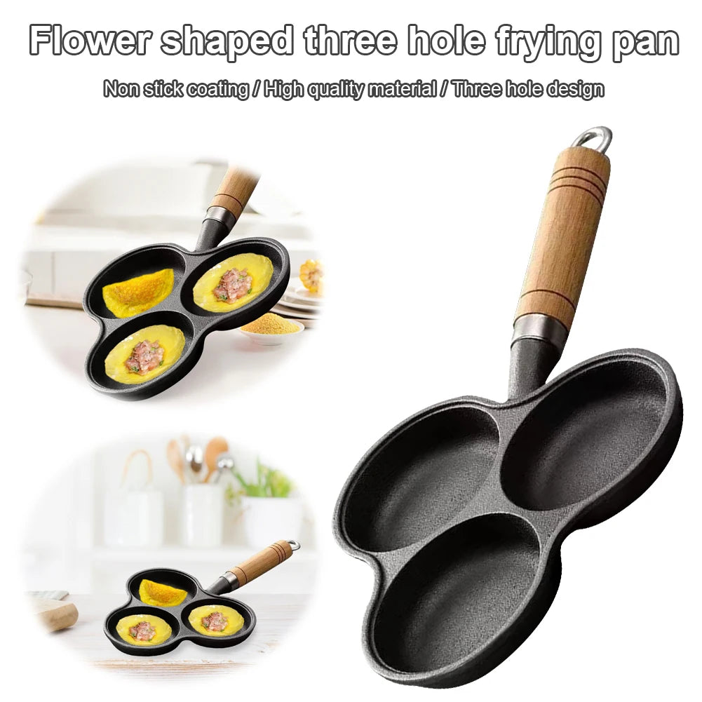 3-Hole Cast Iron Pre-Seasoned Frying Pan – Non-Stick Breakfast Skillet with Wooden Handle for Eggs, Pancakes, Burgers & More (Gas & Induction Compatible)