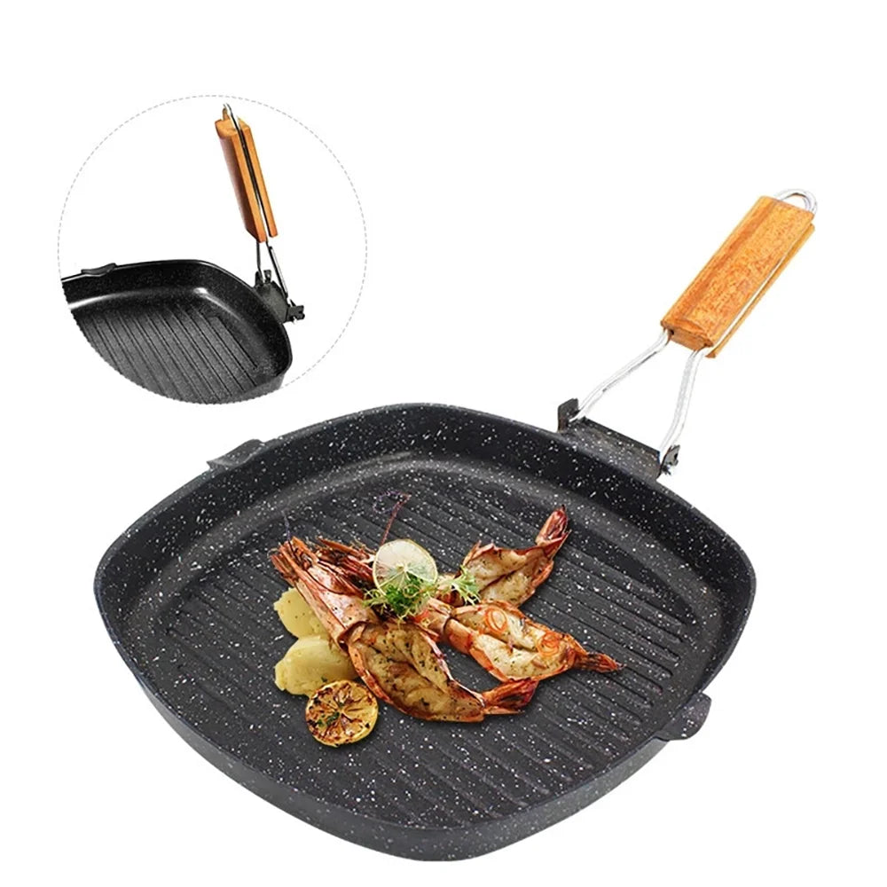 Grill Pan with Foldable Wooden Handle – Non-Stick Pan Perfect for Grilling Steak, Meat, Fish & Vegetables – Available in 20cm, 24cm, 28cm