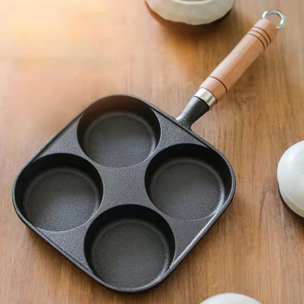 Pre-Seasoned 4-Hole Cast Iron Frying Pan – Non-Stick Breakfast Skillet with Wooden Handle for Eggs, Pancakes, Burgers & More (Gas & Induction Compatible)