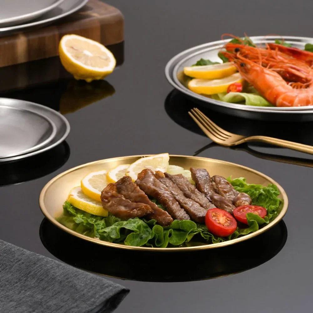 2Pcs Golden Stainless Steel Round Plate Set – Rust-Proof Shallow Trays for BBQ, Picnic & Kitchen Use (6 Sizes: 14cm–30cm)