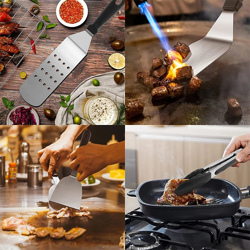 12-Piece Professional Heavy-Duty Stainless Steel Griddle Spatula Set with Utensils & Carry Bag – Includes Spatulas, Turners, Scrapers, Tongs, Bottles, Ring Moulds, Basting Brush & Storage Bag – Ideal for Flat Top Grilling, Teppanyaki, Hibachi & BBQ