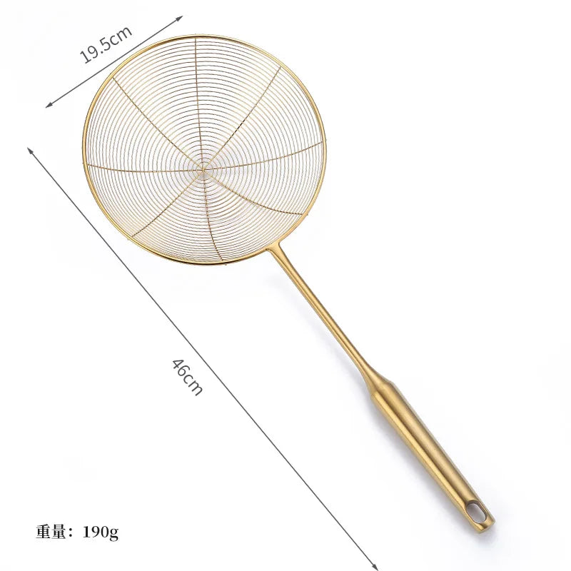 Golden Stainless Steel Skimmer Strainer – Frying Scoop & Oil Filter with Long Handle (Available in Multiple Sizes)