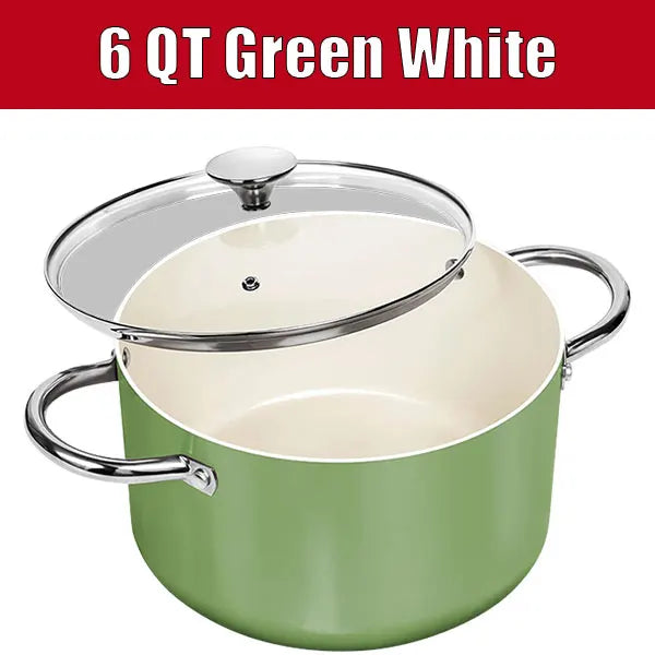 Ceramic Stock Pot with Glass Lid – 6-Quart Non-Stick Cooking Pot, Induction-Compatible – Ideal for Soups, Stews, Curries, Simmering, Sautéing & One-Pot Meals – Available in Green, Blue, Beige & Black 6 QT Green White