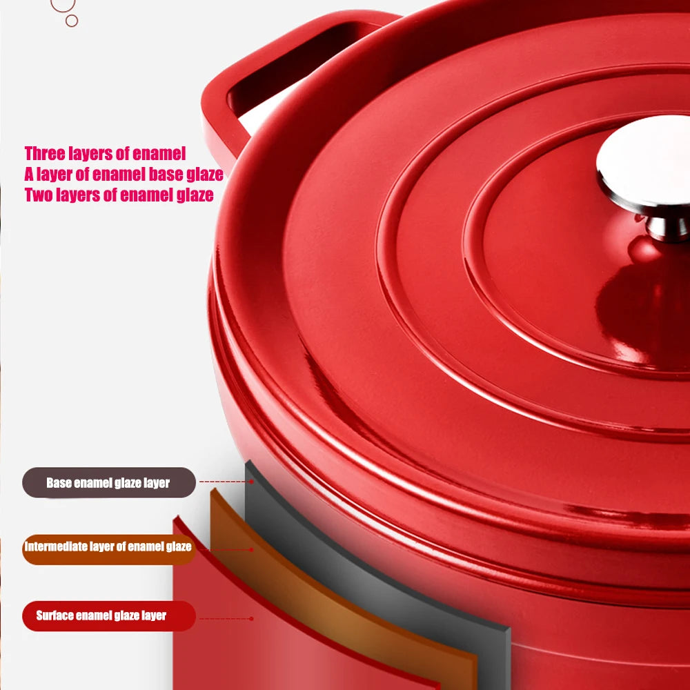 Cast Iron Enamel-Coated Dutch Oven with Lid & Side Handles – Heavy-Duty Cooking Pot for Simmering Soups, Braising, Roasting, Baking, Stews, Curries & One-Pot Meals – Oven, Induction & Gas Compatible – Red (24cm)