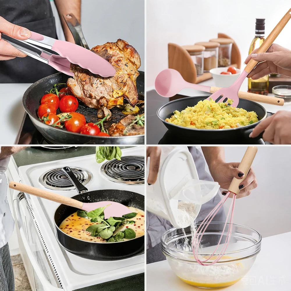 Pink Silicone Kitchen Utensil Set with Wooden Handles – 12 Piece Non-Stick Spatulas, Turner & Whisk – Ideal for Non-Stick Cookware & Baking