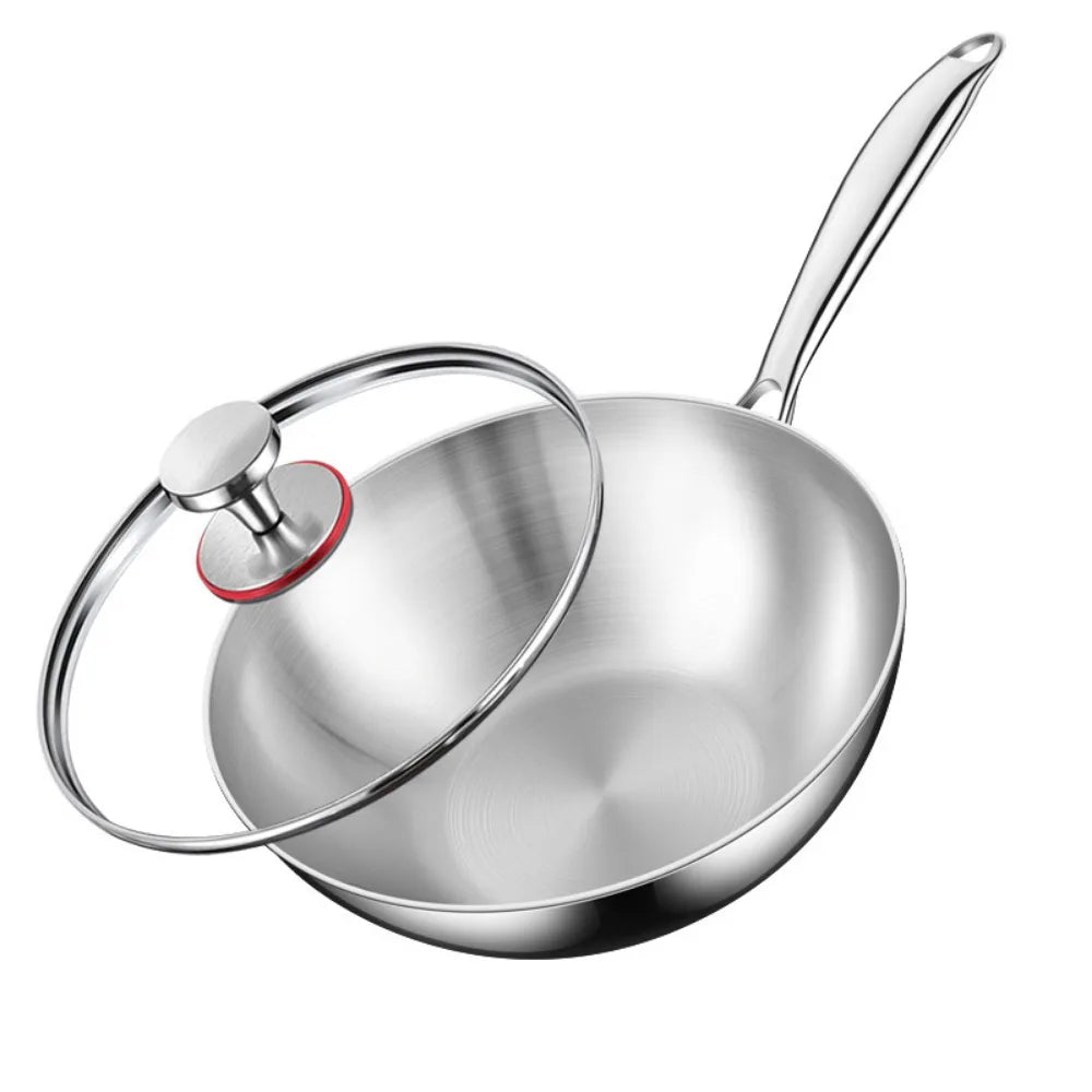 Stainless Steel Wok with Glass Lid & Long Handle- Durable Chef’s Cooking Wok Pan for Stir-Frying, Searing, Sautéing, Tossing Noodles, Frying Eggs, Omelettes & One-Pan Dishes – Compatible with Induction & Gas Stoves –(22cm)