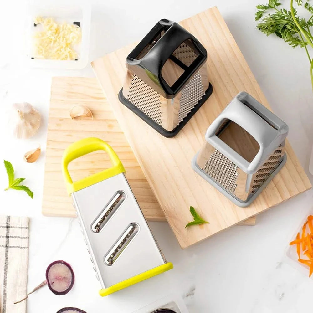 4-Sided Stainless Steel Grater with Storage Box Container—Perfect for Cheese and Vegetable Prep in the Kitchen (Available in Grey, Black, Yellow, and Silver)