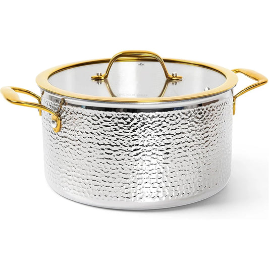 Premium Tri-Ply Luxury Hammered Stainless Steel Soup & Stock Pot with Golden-Rimmed Tempered Glass Lid & Golden Handles – 6-Quart Non-Stick Cooking Pot for Soups, Stews, Boiling Pasta, Frying, Searing, Stocks & One-Pot Meals