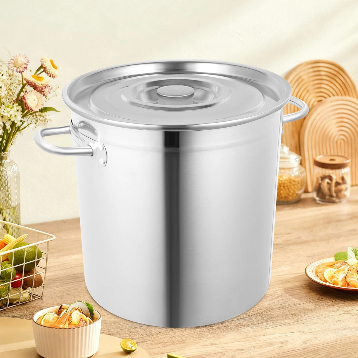 Stainless Steel Stockpot Soup Kettle with Lid – Thickened Commercial Cooking & Storage Pot – Perfect for Restaurants & Home Batch Cooking (35L)