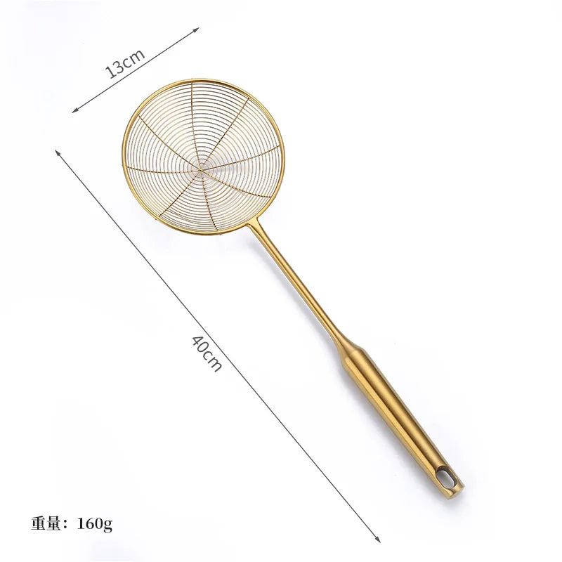 Golden Stainless Steel Skimmer Strainer – Frying Scoop & Oil Filter with Long Handle (Available in Multiple Sizes)