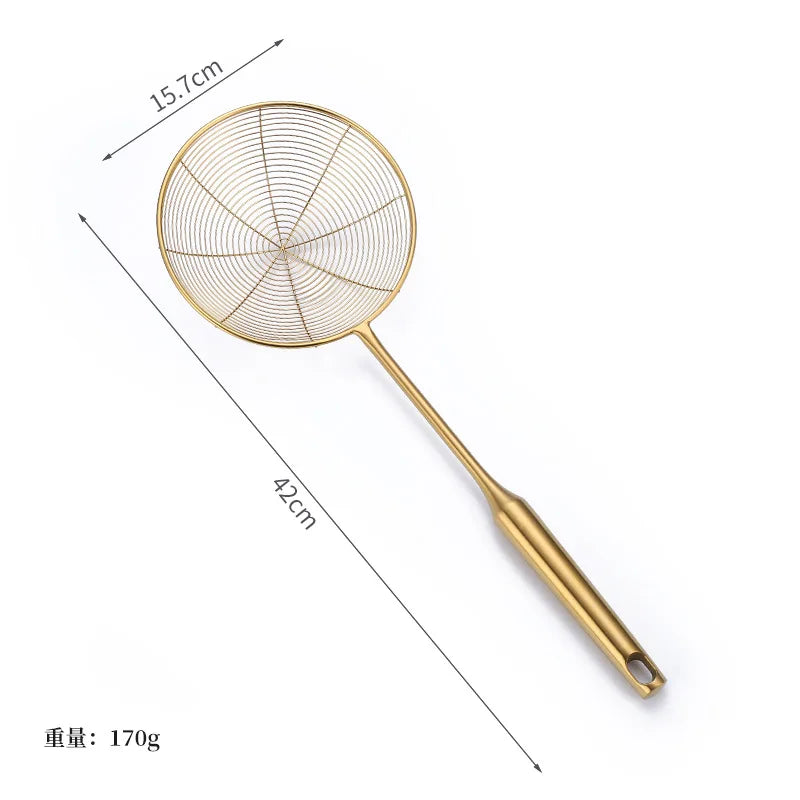Golden Stainless Steel Skimmer Strainer – Frying Scoop & Oil Filter with Long Handle (Available in Multiple Sizes)