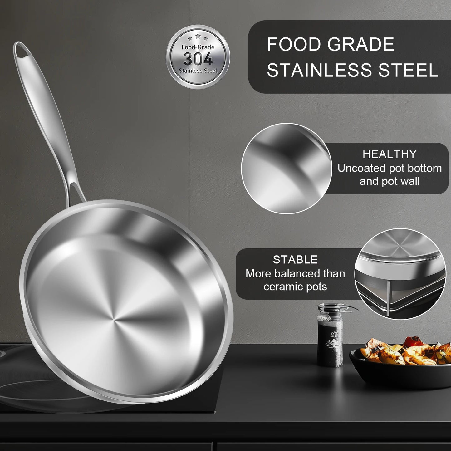 Stainless Steel Skillet with Clear Glass Lid – Uncoated, 304 Even-Heat Cooking Pan for Stir-Fry, Sauteing, Frying & Daily Kitchen Use – Size: 26cm