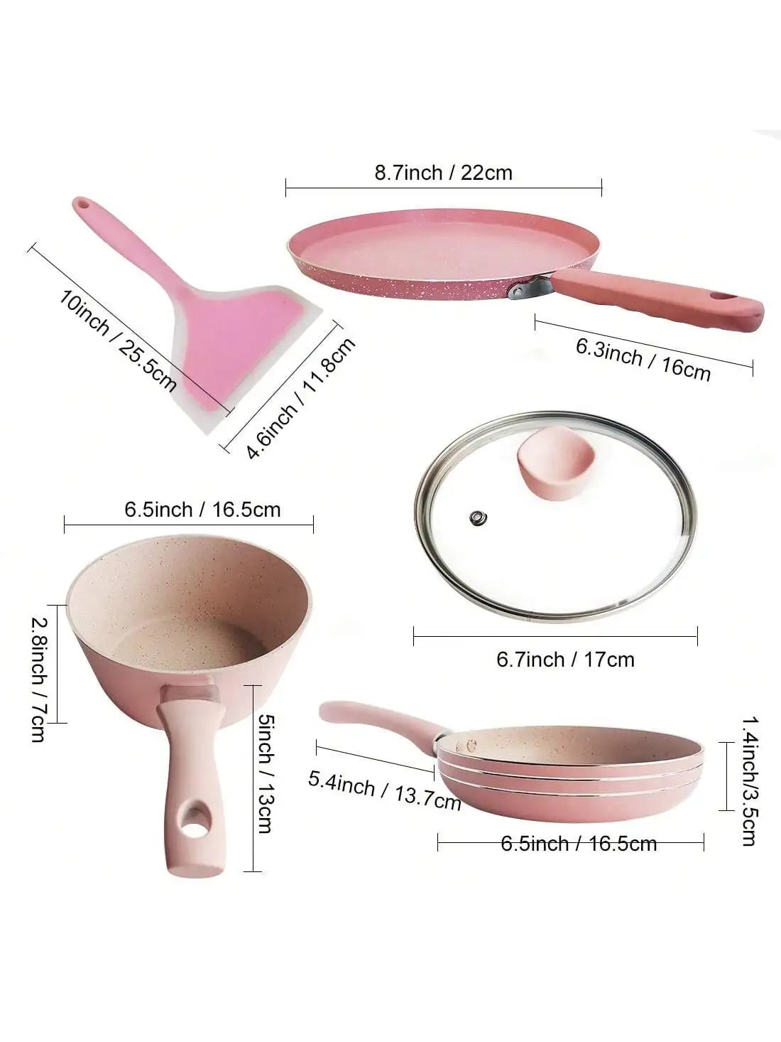 Blush Pink Non-Stick Cookware Set – Includes Skillet with Glass Lid, Mini Milk Sauce/Soup Pan, Flat Pan & Non-Stick Spatula – Ideal for Daily Cooking, Baby Food & Stylish Modern Kitchens – 5-Piece Set