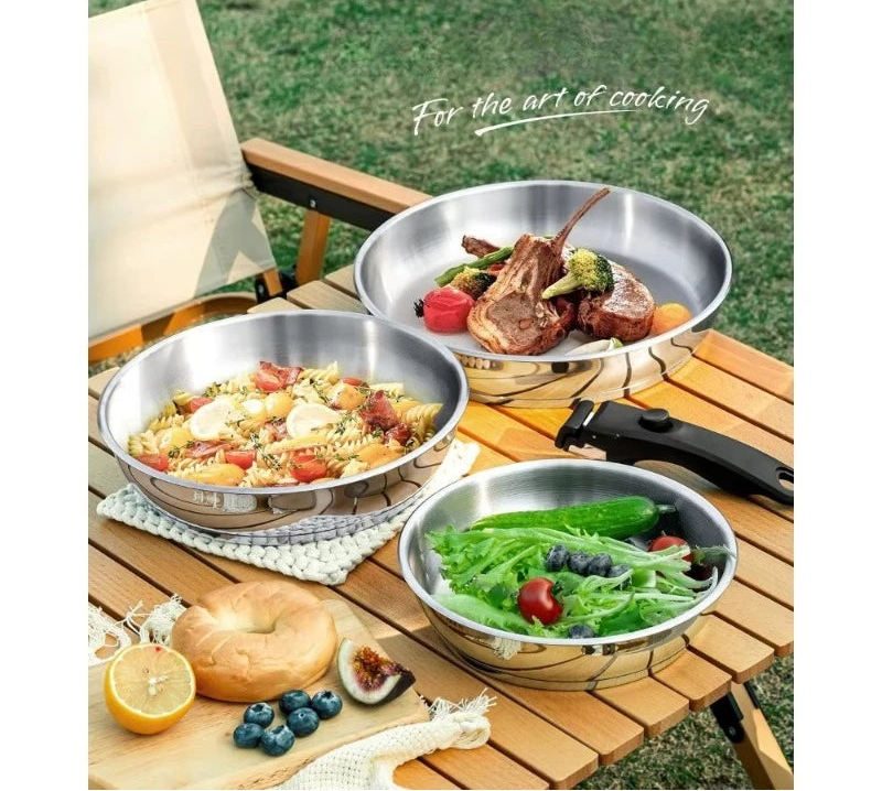 3 Piece 316 Stainless Steel Frying Pan Set with Removable Handle – Tri-Ply Base Stackable Pans – Best for Gas, Induction & Space-Saving Kitchens