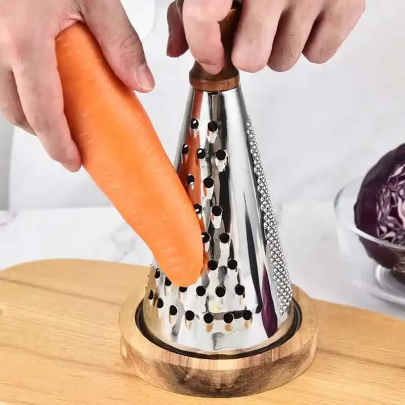 Multi-functional Stainless Steel Cone-Shaped Cheese Grater with Container and Wooden Handle – Perfect for Parmesan Cheese, Vegetables, and Fruits in a Vintage Style
