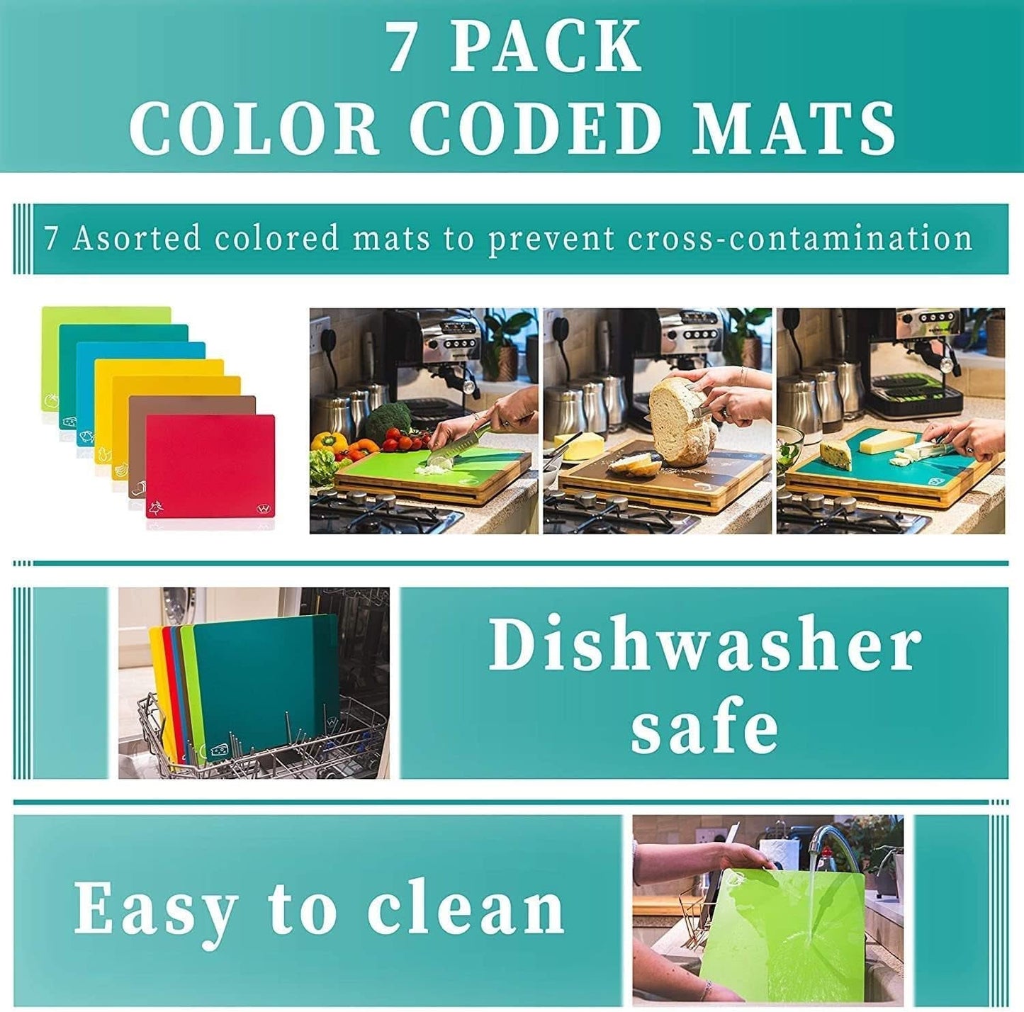 8 in 1 Extra Large Bamboo Wooden Chopping Boards Set with 7 Colour Coded PP Mats (Meat Bread Fish Cheese Dairy) Organic Antibacterial Odour Resistant Dishwasher Safe (42 X 34 X 3.5Cm)