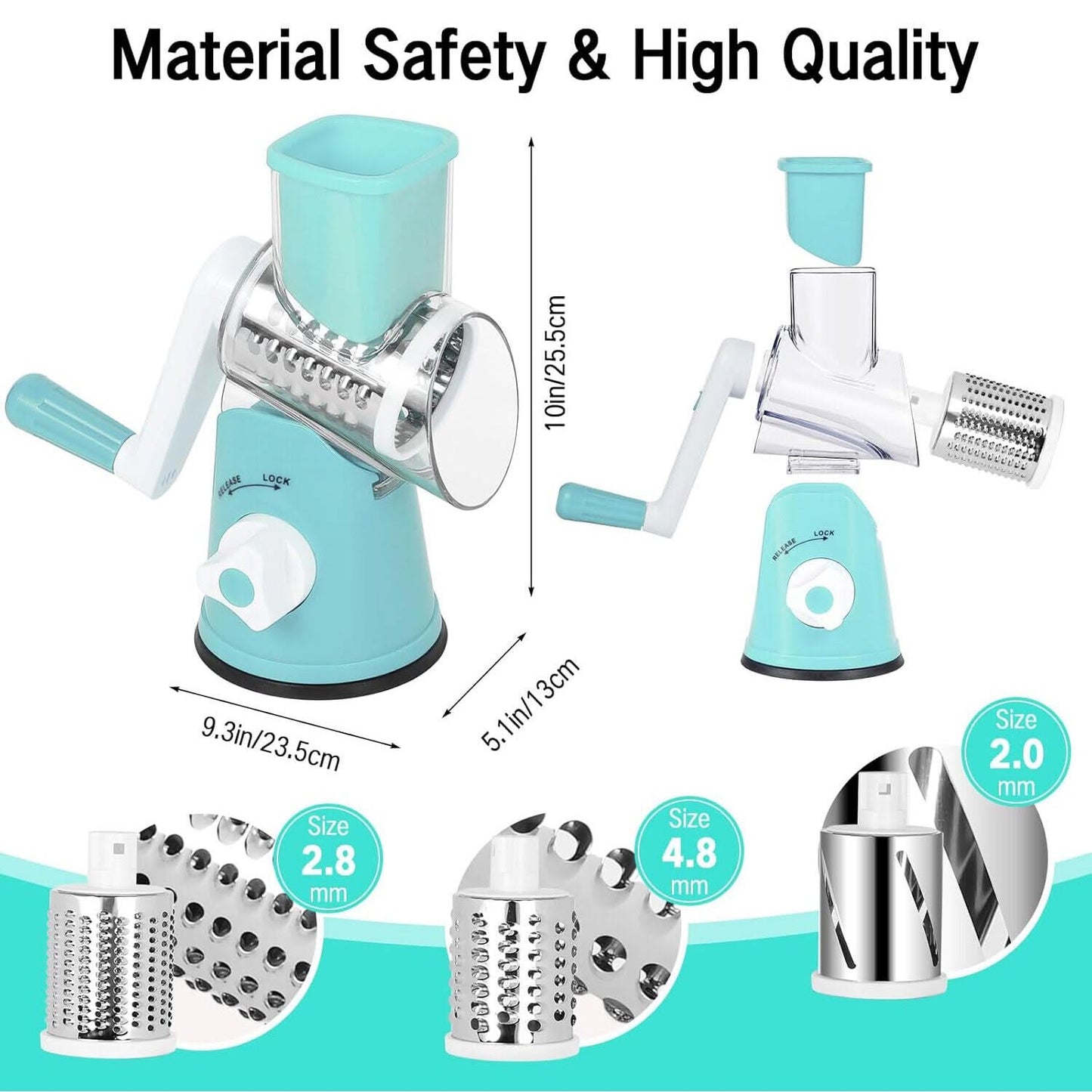 3 in 1 Rotary Cheese Grater – Multifunctional Slicer and Shredder with Easy-to-Swap Stainless Steel Interchangeable Rotating Drum Blades for Effortless Kitchen Prep Tool(Sky Blue)