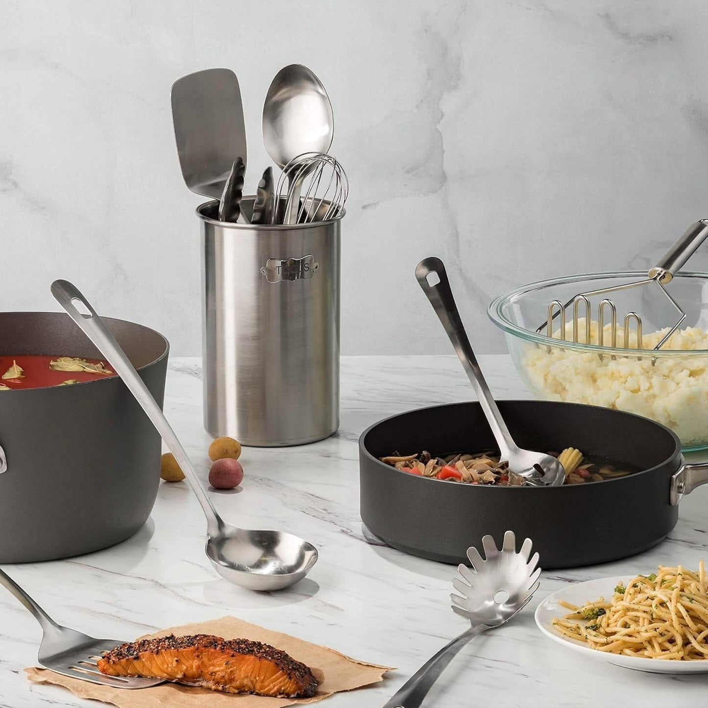 10-Piece Stainless Steel Utensil Collection – Premium Nonstick, Heat-Resistant Tools for Every Task: Turner, Ladle, Spaghetti Server, Tongs, Serving Spoons, Whisk, Potato Masher & Handy Holder Organizer
