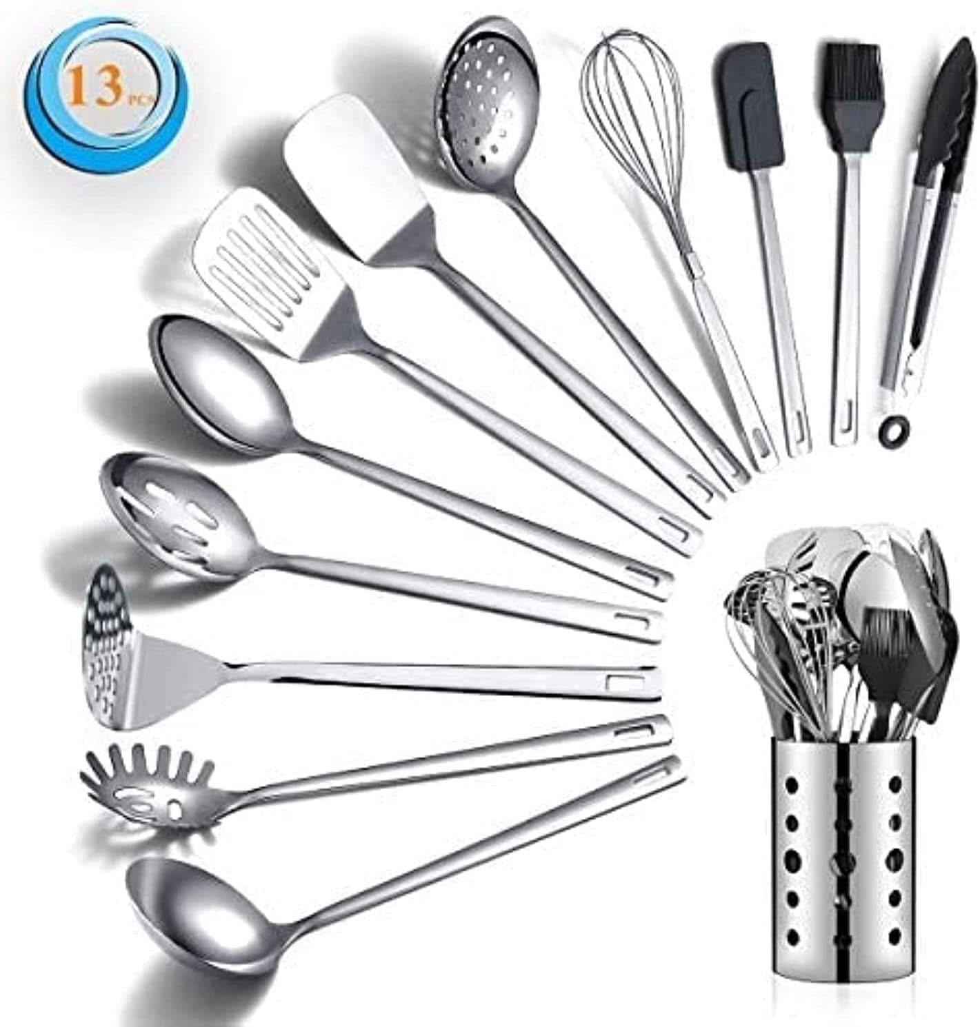Stainless Steel Cooking Utensils Set, 13 Pieces Kitchen Utensils Set – Includes Heat-Resistant and Non-Stick Tools, Utensil Holder, Dishwasher Safe, and Easy to Clean