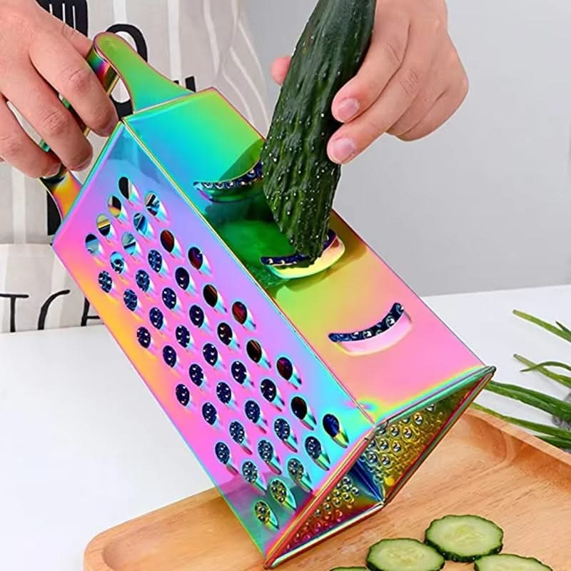 4-Sided Rectangular Stainless Steel Kitchen Grater & Zester with Handle – Versatile Food Shredder for Cheese, Potatoes, Vegetables, and More (Available in Gold, , Rose Gold, Rainbow, Silver and Wooden Handle)