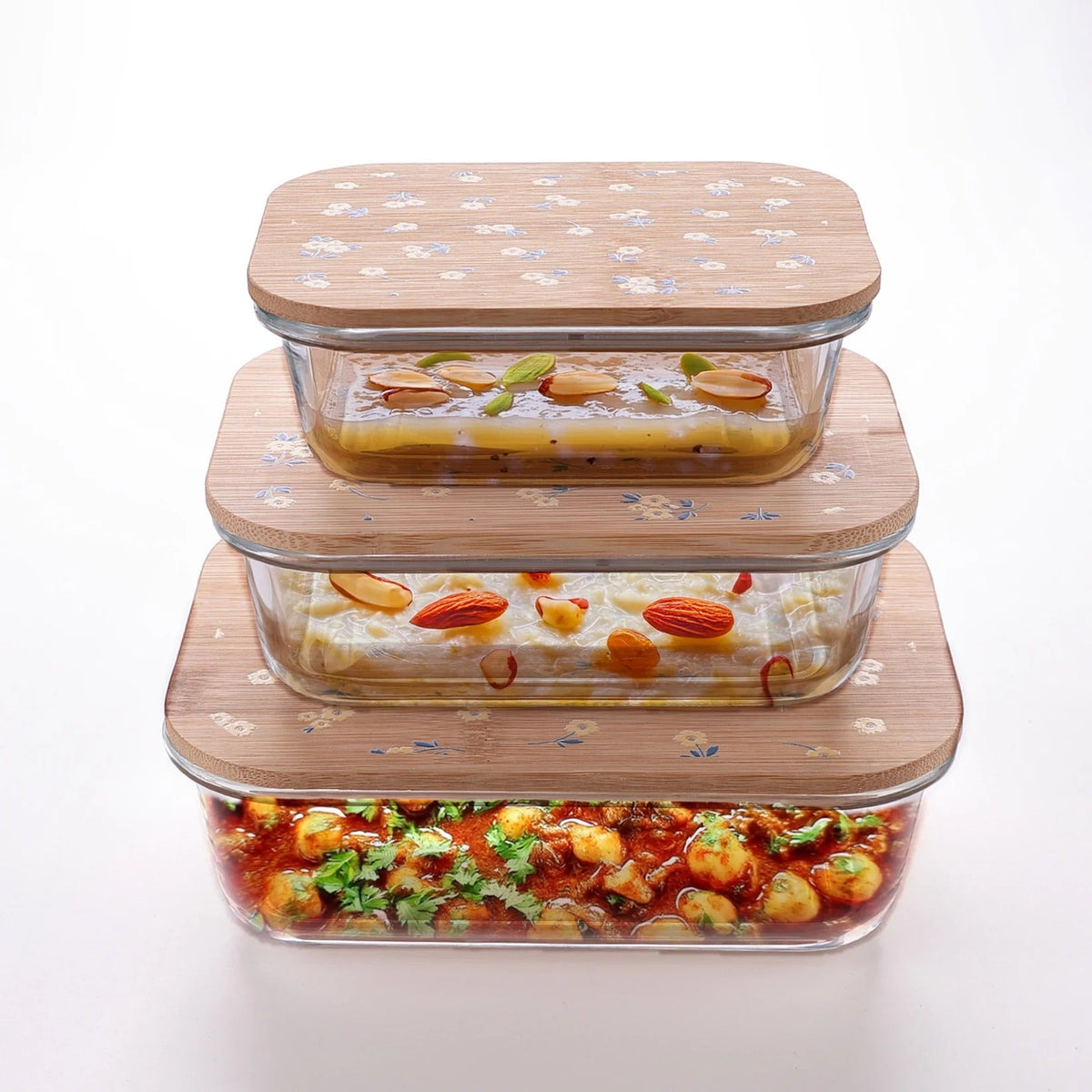 Pack of 3 Borosilicate Kitchen Containers, Happy Dance Print, 370 ml 640 ml 1060 ml, Bamboo Lid