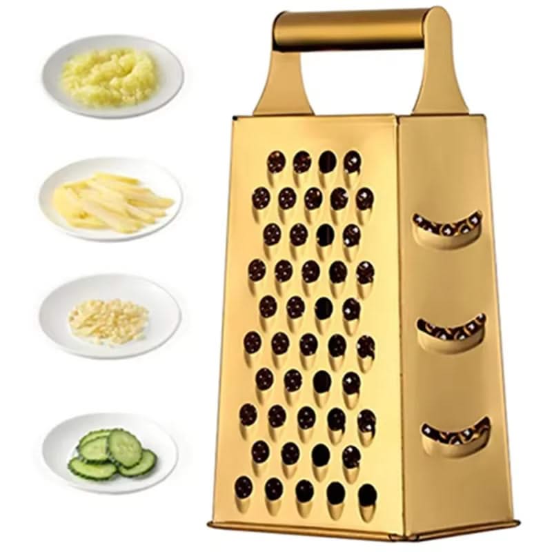 4-Sided Rectangular Stainless Steel Kitchen Grater & Zester with Handle – Versatile Food Shredder for Cheese, Potatoes, Vegetables, and More (Available in Gold, , Rose Gold, Rainbow, Silver and Wooden Handle)