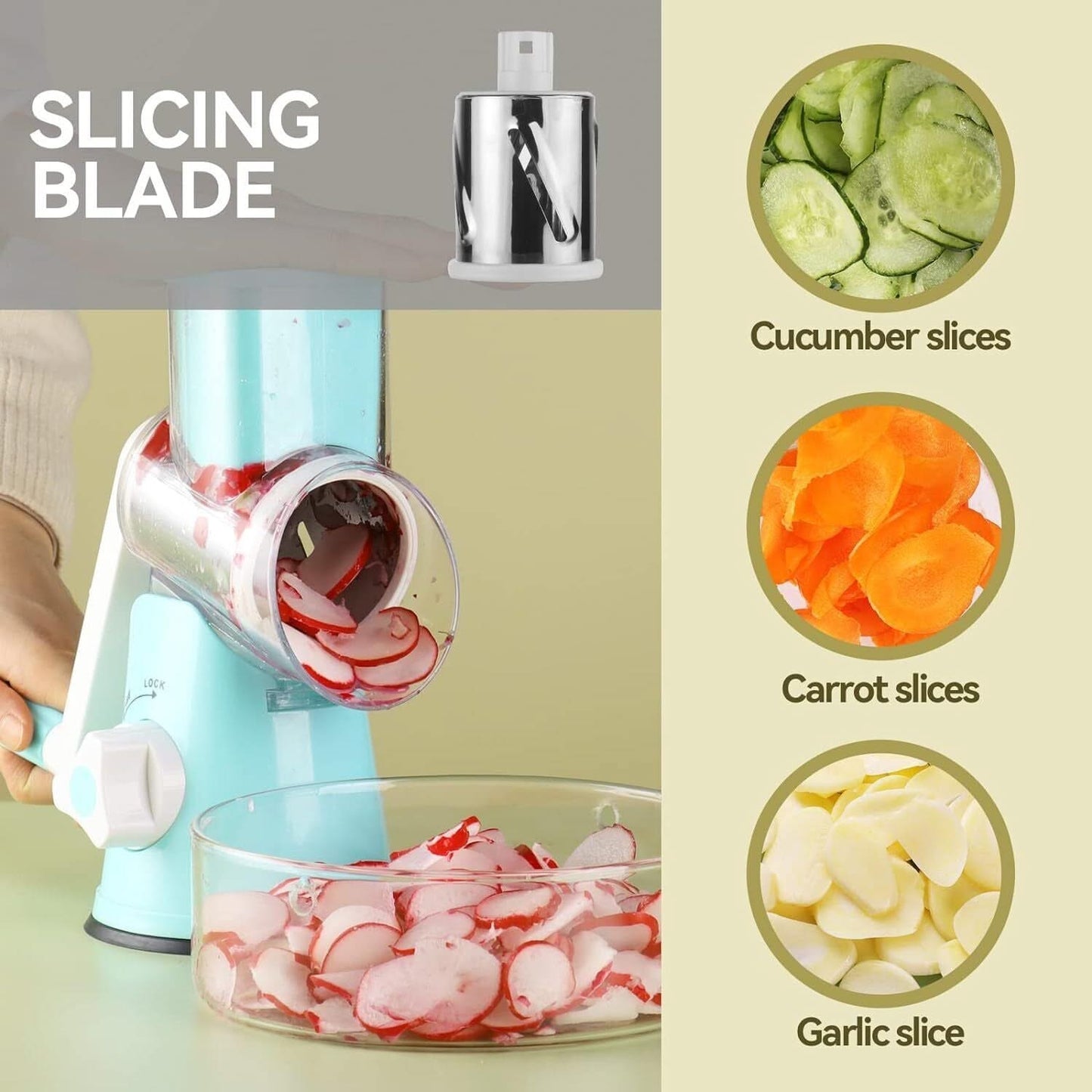 3 in 1 Rotary Cheese Grater – Multifunctional Slicer and Shredder with Easy-to-Swap Stainless Steel Interchangeable Rotating Drum Blades for Effortless Kitchen Prep Tool(Sky Blue)