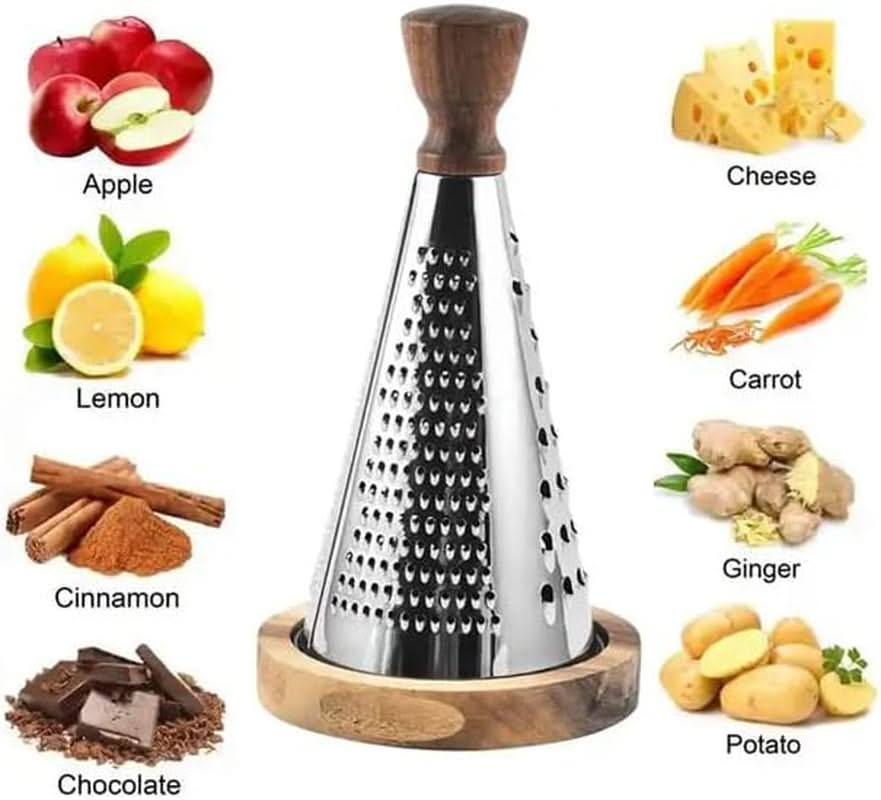 Multi-functional Stainless Steel Cone-Shaped Cheese Grater with Container and Wooden Handle – Perfect for Parmesan Cheese, Vegetables, and Fruits in a Vintage Style