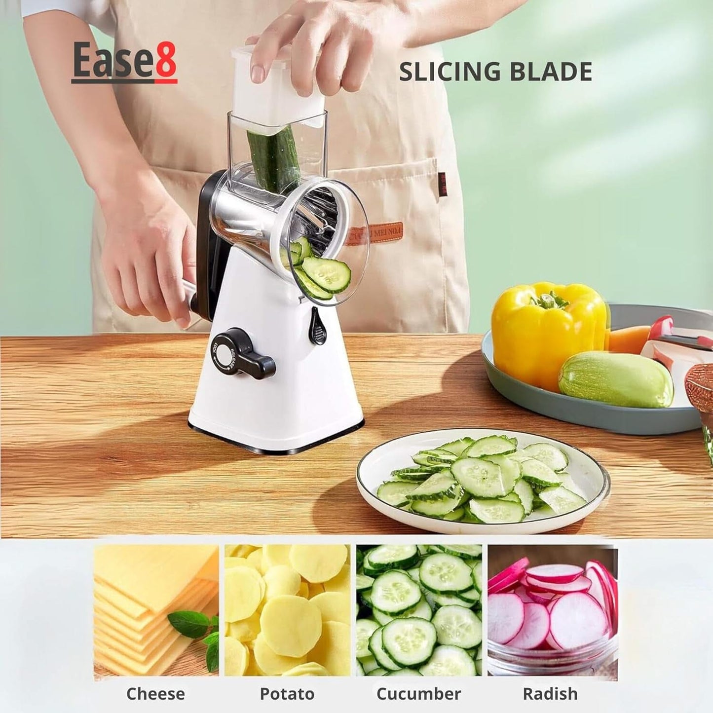 3 in 1 Rotary Cheese Grater – Multifunctional Slicer and Shredder with Easy-to-Swap Stainless Steel Interchangeable Rotating Drum Blades for Effortless Kitchen Prep Tool